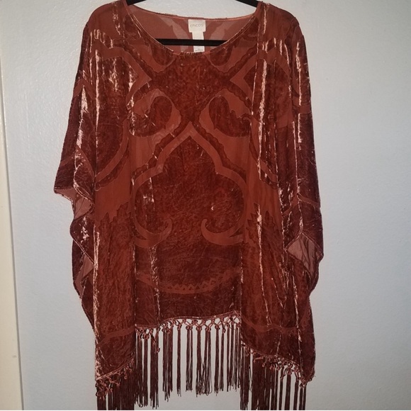 Chico’s Burnt Orange Velvet Burnout Velour Fringe Poncho L/XL - Picture 4 of 6